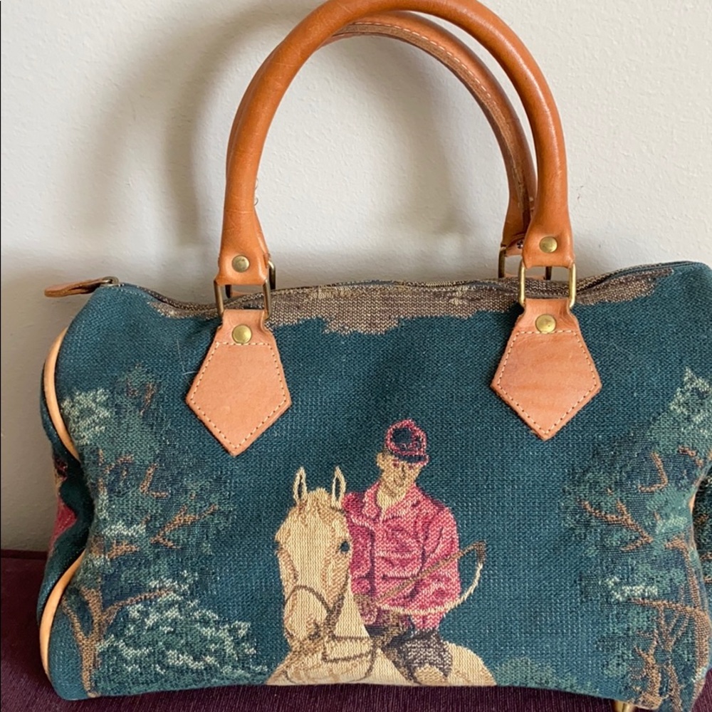 Equestrian design print purse with leather handles